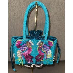 Aqua Beaded NWT Viral Handcrafted in India Embellished Drawstring Mini Handbag